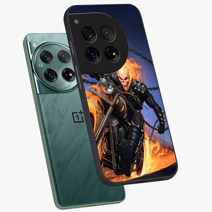 Inferno Chain Rider Glass Case for 1+12 captured at a warm angle highlighting intense flame details, gloss, and edge clarity.