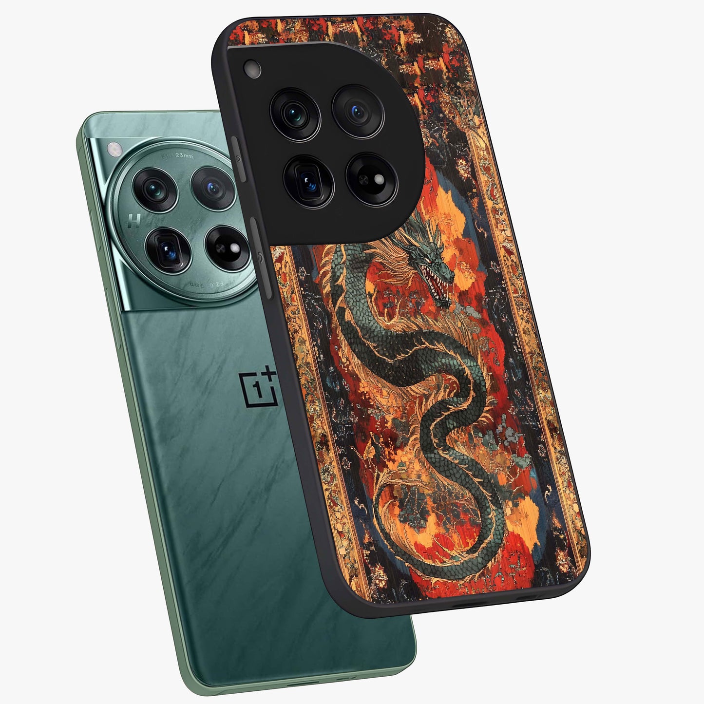 Inferno Dragon Soul Glass Case for 1+12 captured at a warm angle highlighting fierce fire tones, gloss, and edge clarity.