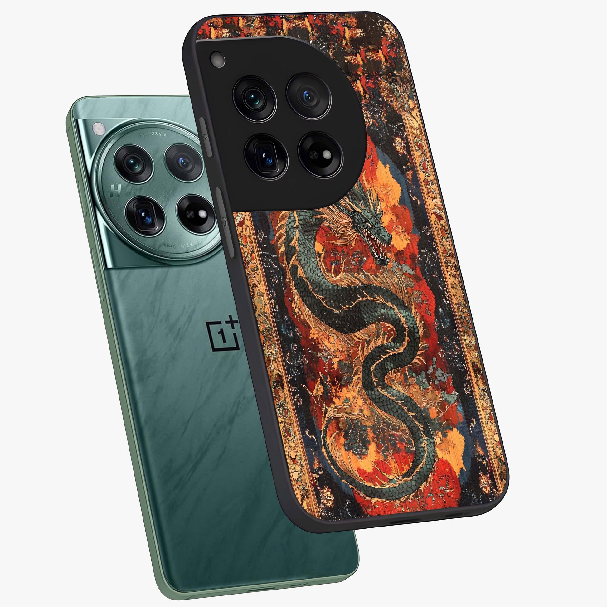 Inferno Dragon Soul Glass Case for 1+12 captured at a warm angle highlighting fierce fire tones, gloss, and edge clarity.