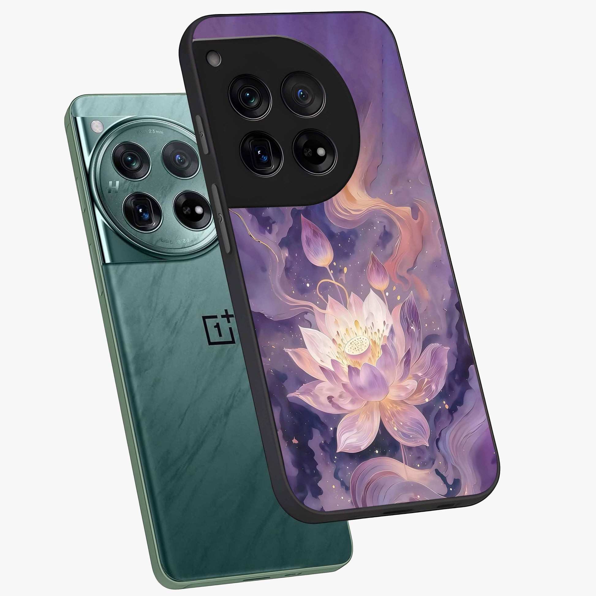 Lavender Lotus Muse Glass Case for 1+12 angled mockup showcasing glossy finish and refined floral detailing