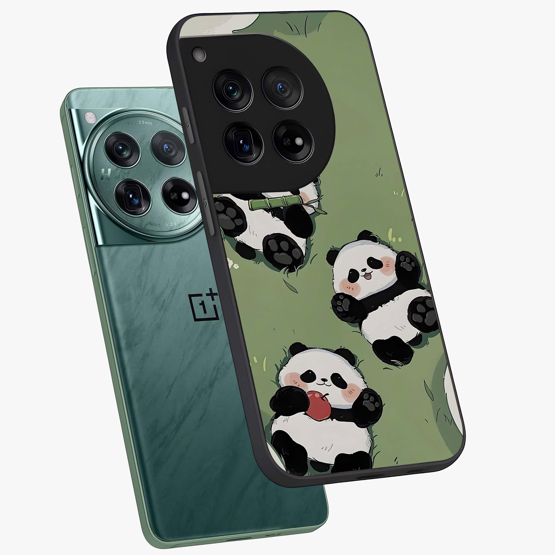 Lazy Panda Picnic Glass Case for 1+12 angled mockup showcasing glossy finish and vibrant cartoon detailing