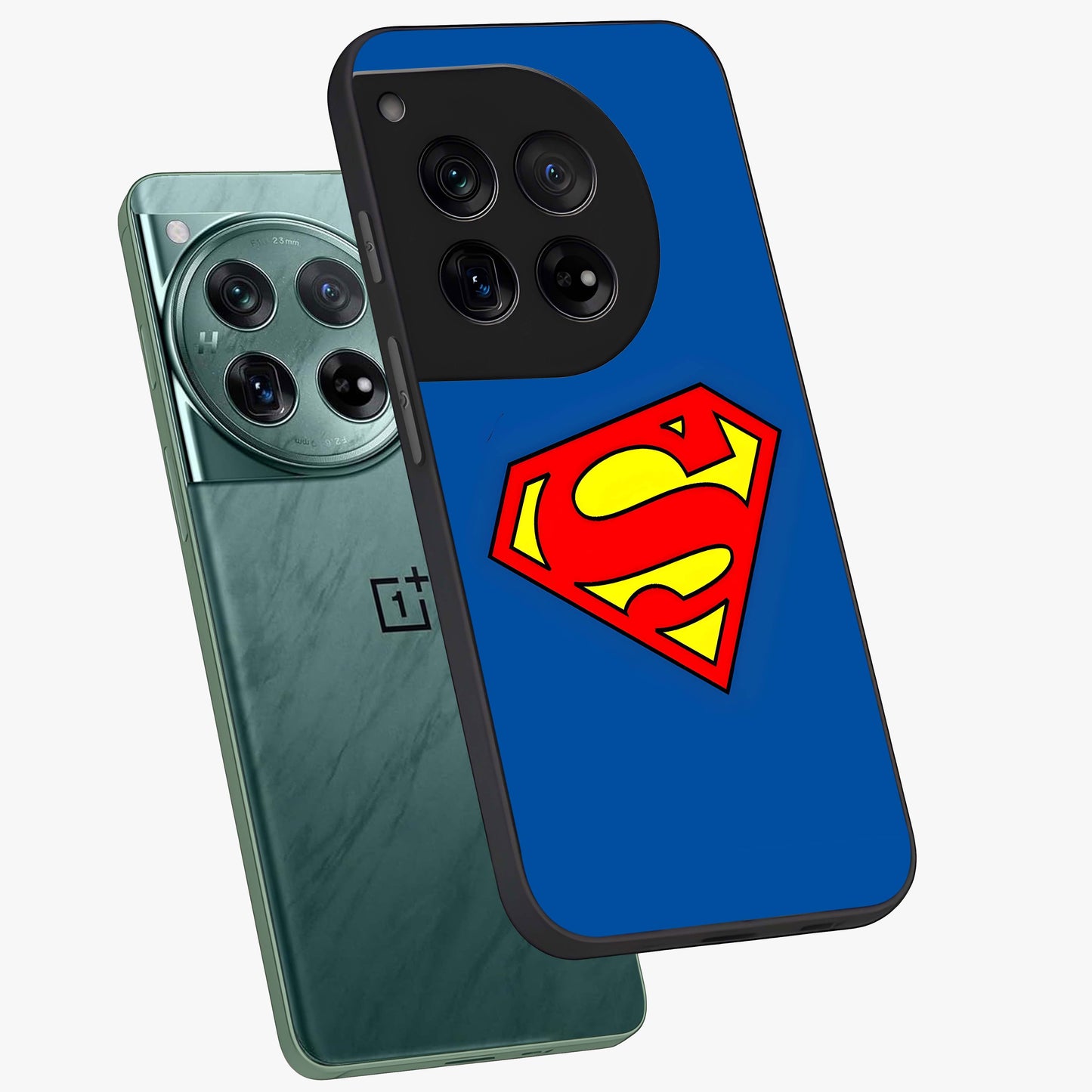 Legendary Hero Emblem Glass Case for 1+12 angled mockup showcasing glossy glass finish and strong graphic detailing