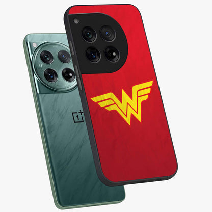 Legendary Wonder Power Glass Case for 1+12 angled mockup showcasing glossy finish and vibrant power tones