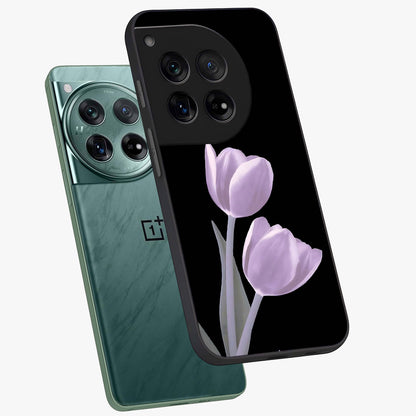 Lilac Tulip Flowers Glass Case for 1+12 angled mockup showcasing glossy finish and delicate bloom detailing