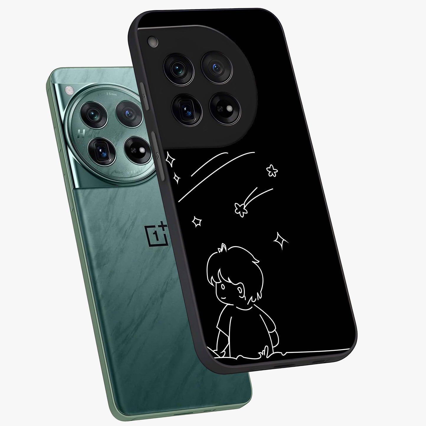 Line Art Boy With Shooting Stars Glass Case for 1+12 angled mockup showcasing glossy finish and clean monochrome detailing