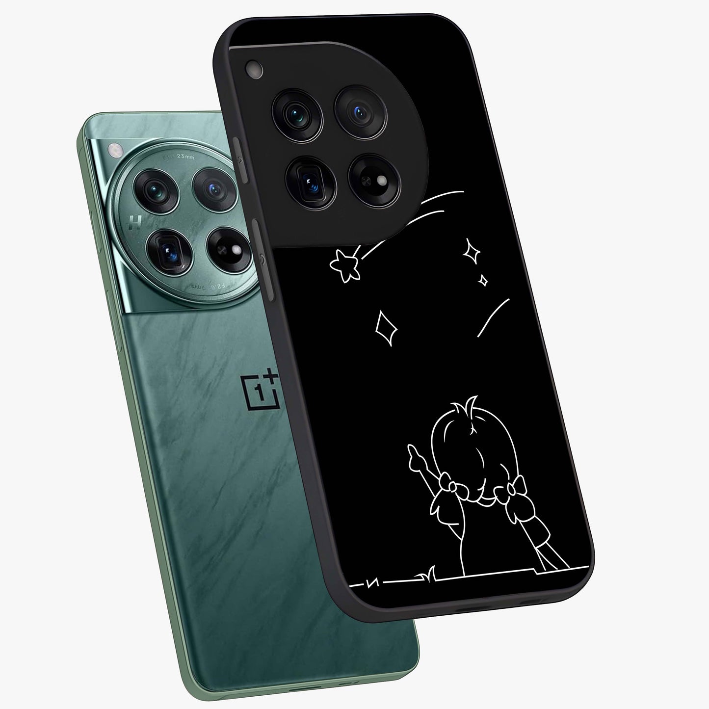 Line Art Girl With Shooting Stars Glass Case for 1+12 angled mockup showcasing glossy finish and refined artistic detailing