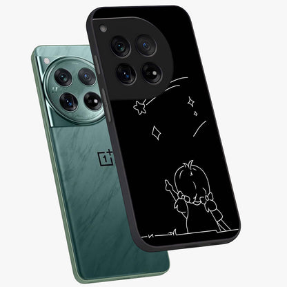 Line Art Girl With Shooting Stars Glass Case for 1+12 angled mockup showcasing glossy finish and refined artistic detailing