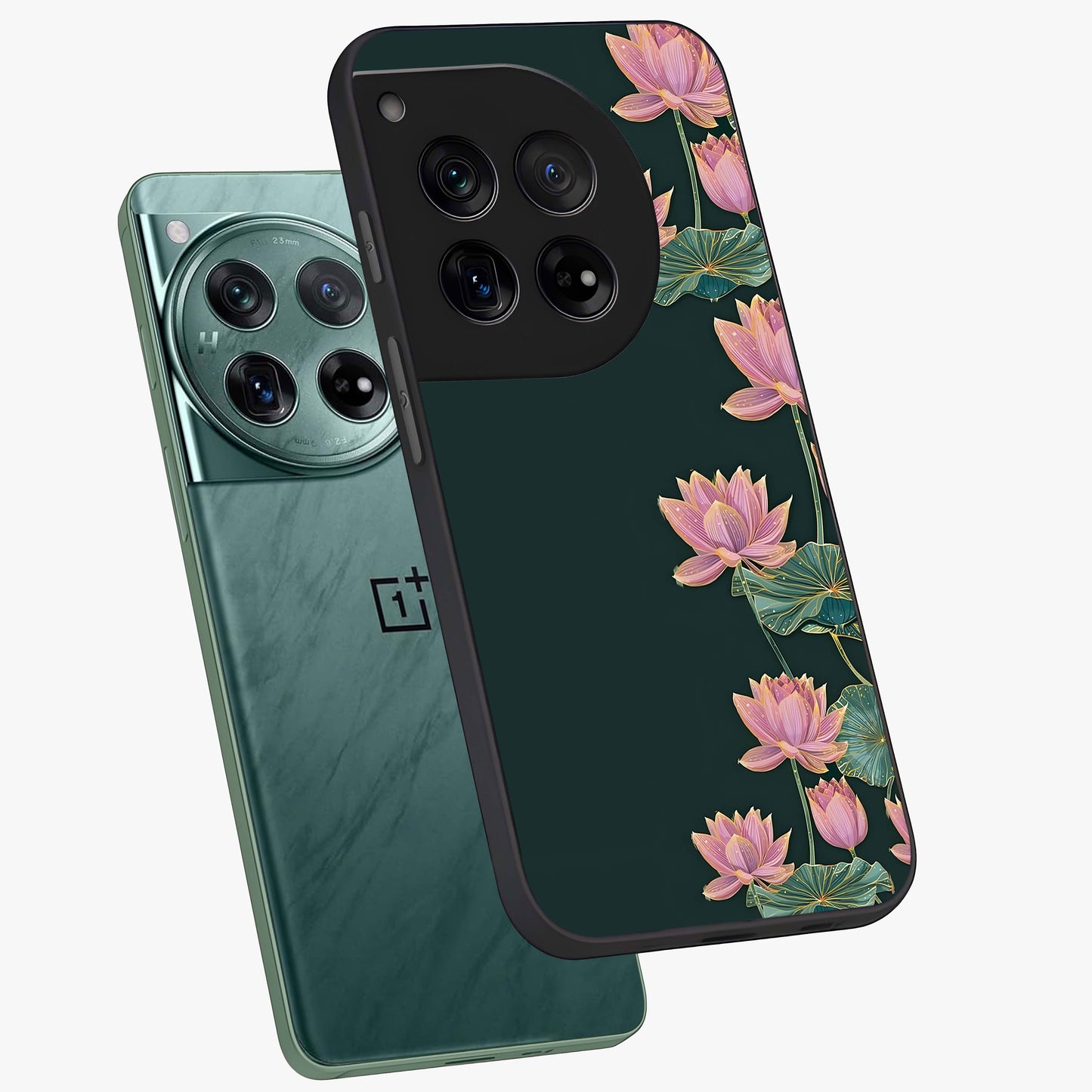 Lotus Bloom Serenity Glass Case for 1+12 angled mockup showcasing glossy glass finish and calming tones