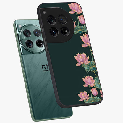 Lotus Bloom Serenity Glass Case for 1+12 angled mockup showcasing glossy glass finish and calming tones