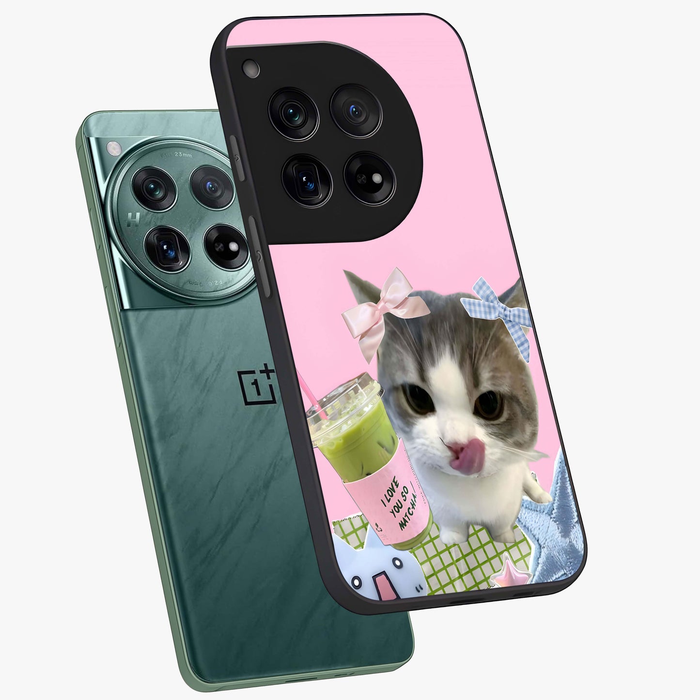Love Matcha Cat Glass Case for 1+12 angled mockup showcasing glossy finish and playful pastel tones