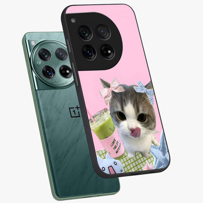 Love Matcha Cat Glass Case for 1+12 angled mockup showcasing glossy finish and playful pastel tones