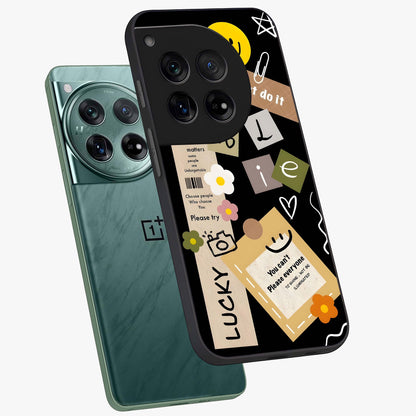 Lucky Aesthetic Collage Case Glass Case for 1+12 angled mockup showcasing glossy finish and colorful textures