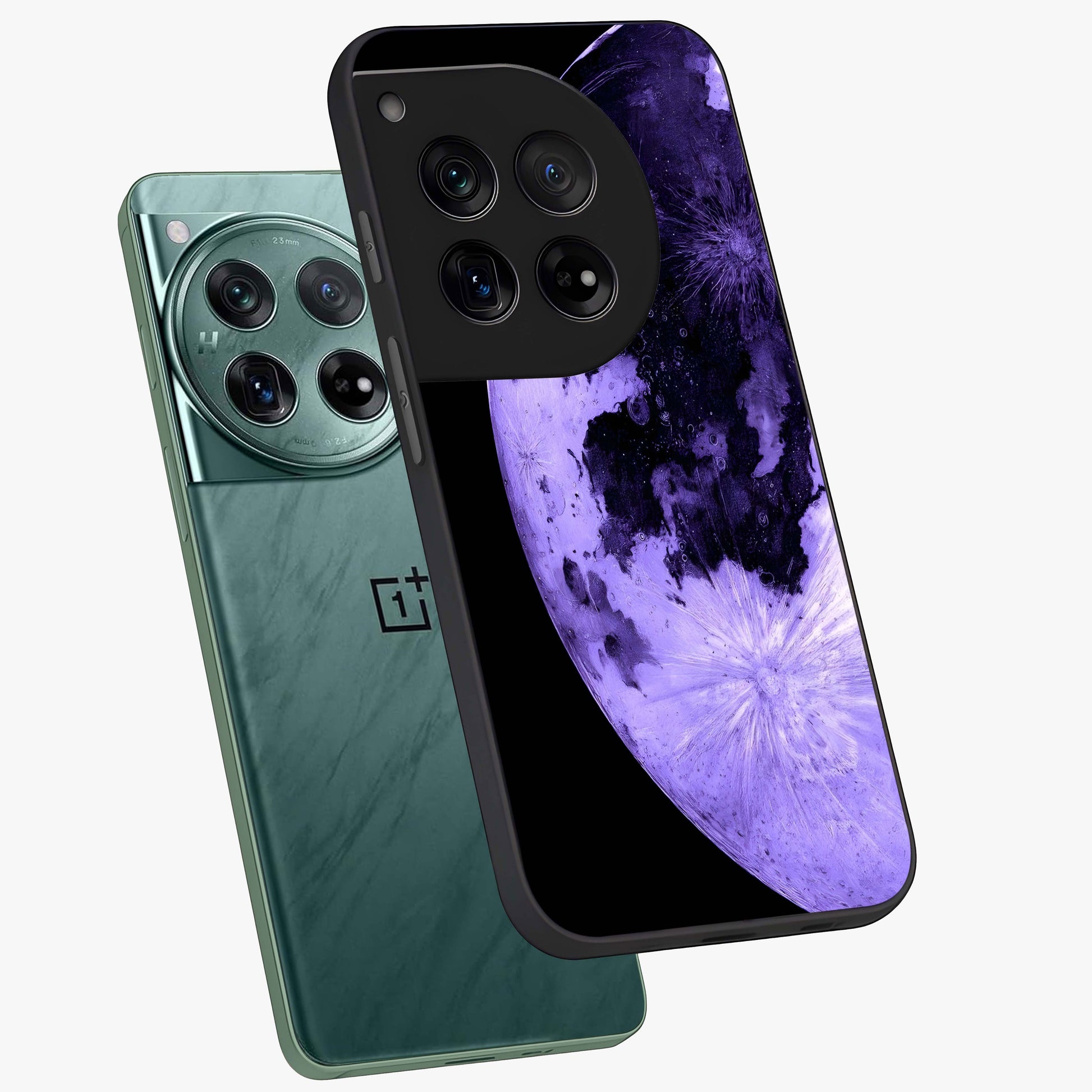 Lunar Glow in Violet Glass Case for 1+12 angled mockup showcasing glossy finish and soft purple gradients