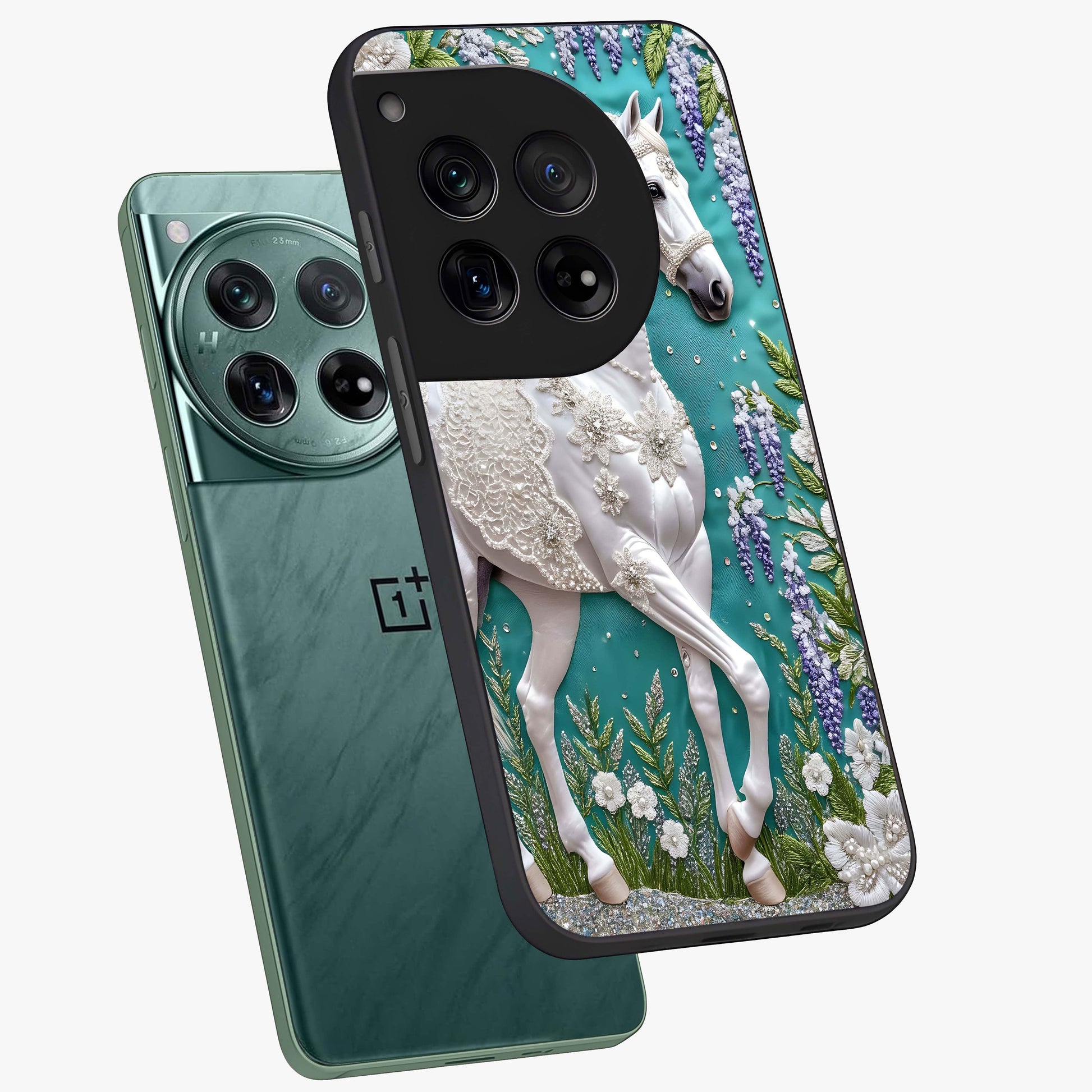 Majestic Floral Stallion Glass Case for 1+12 angled mockup showcasing glossy finish and vibrant artistic tones