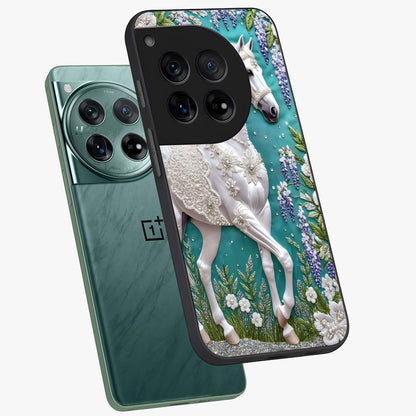 Majestic Floral Stallion Glass Case for 1+12 angled mockup showcasing glossy finish and vibrant artistic tones