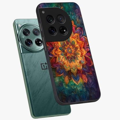 Mandala Vibrants Glass Case for 1+12 angled mockup showcasing glossy finish and intricate geometric detailing