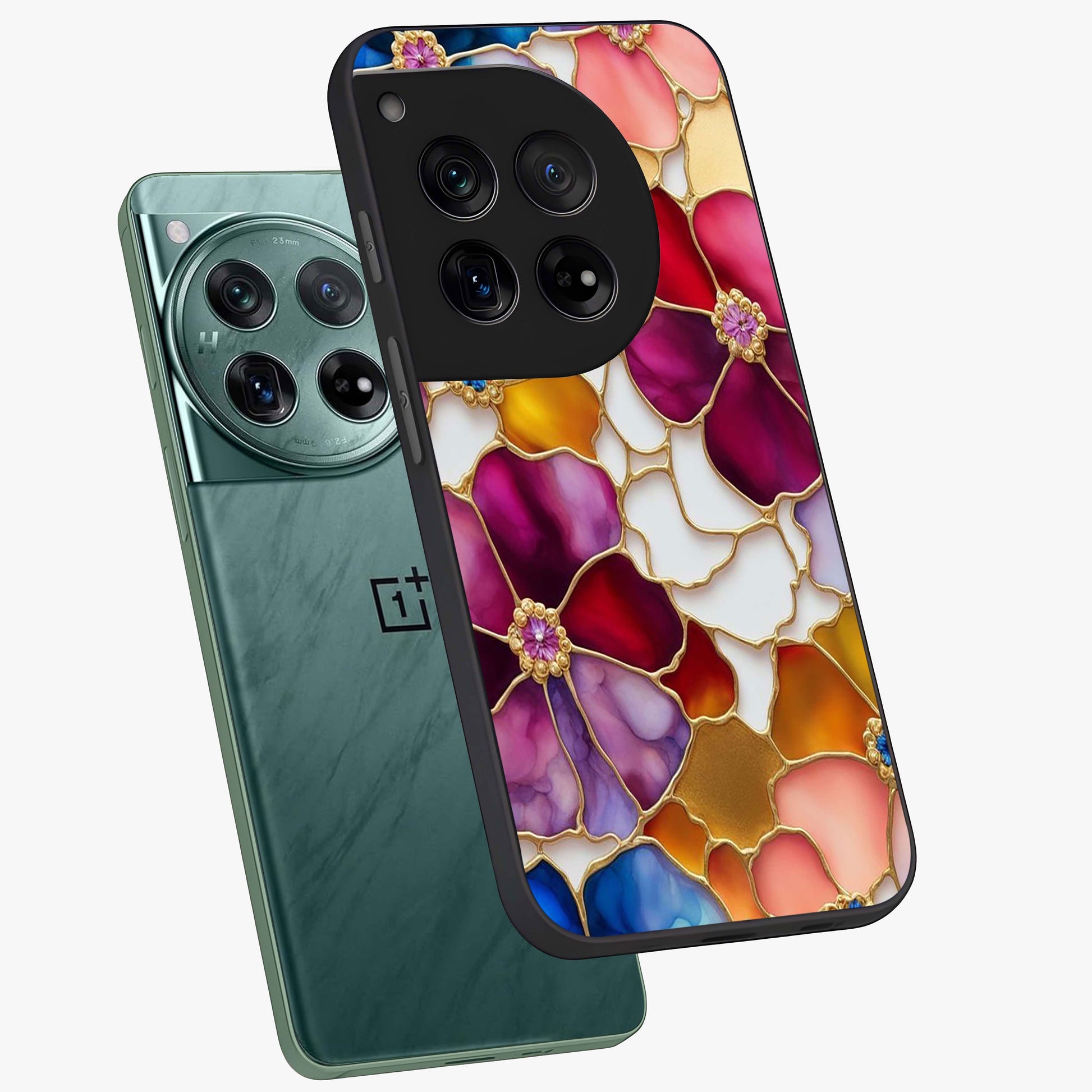 Marble Flower Pattern Glass Case for 1+12 angled mockup showcasing glossy finish and detailed bloom accents