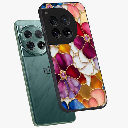 Marble Flower Pattern Glass Case for 1+12 angled mockup showcasing glossy finish and detailed bloom accents
