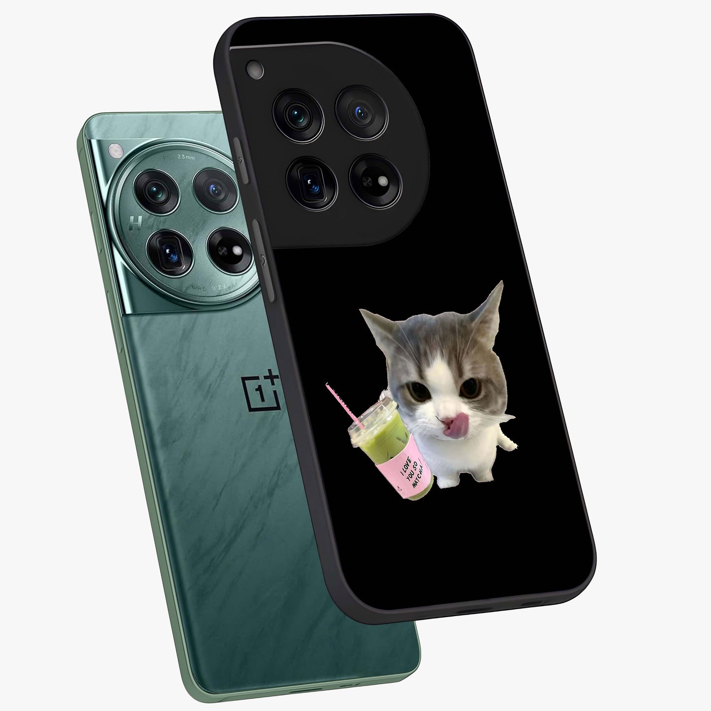 Matcha Cat Style Glass Case for 1+12 angled mockup showcasing glossy glass finish and playful pastel detailing