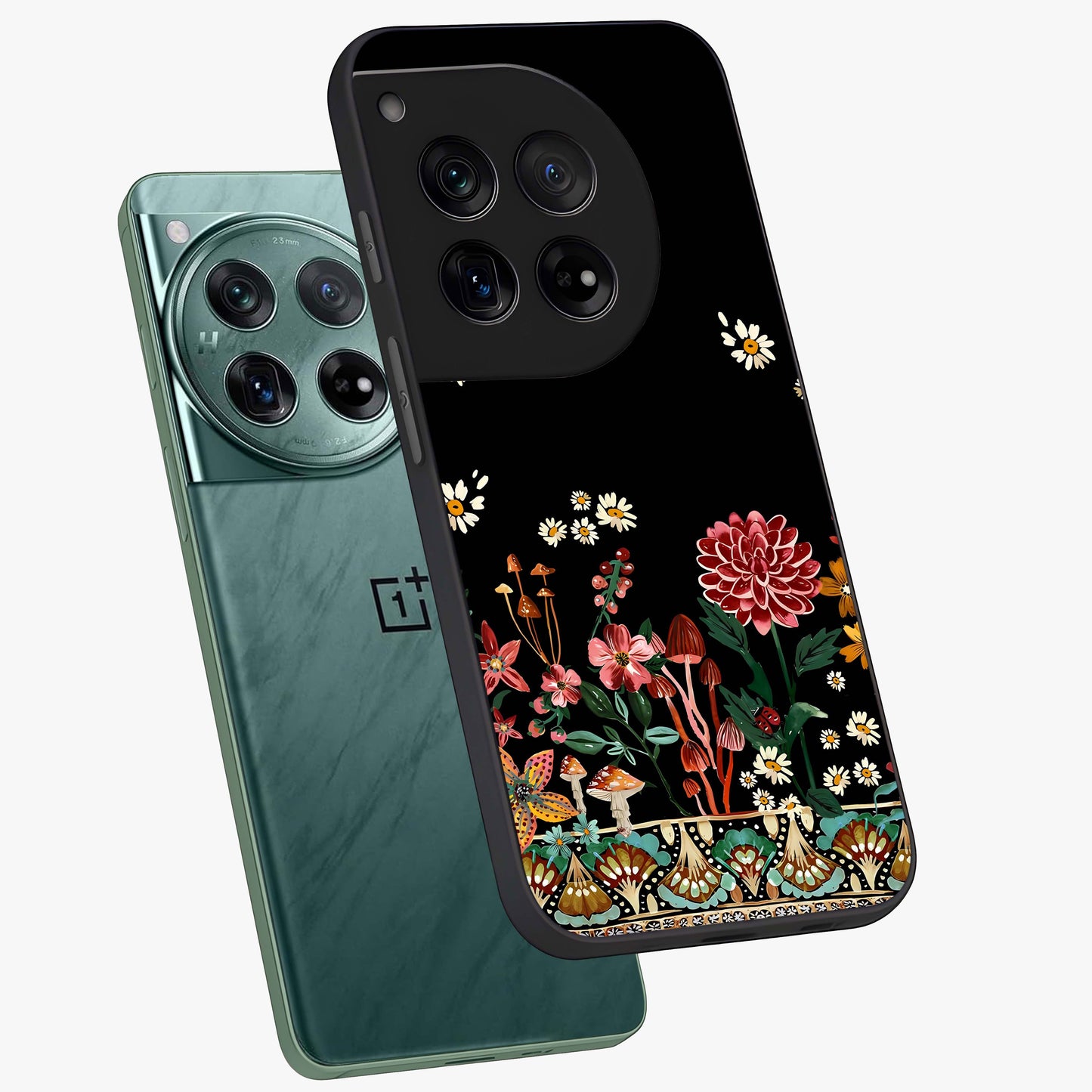 Midnight Bloom Pattern Glass Case for 1+12 angled mockup showcasing glossy finish and rich bloom detailing