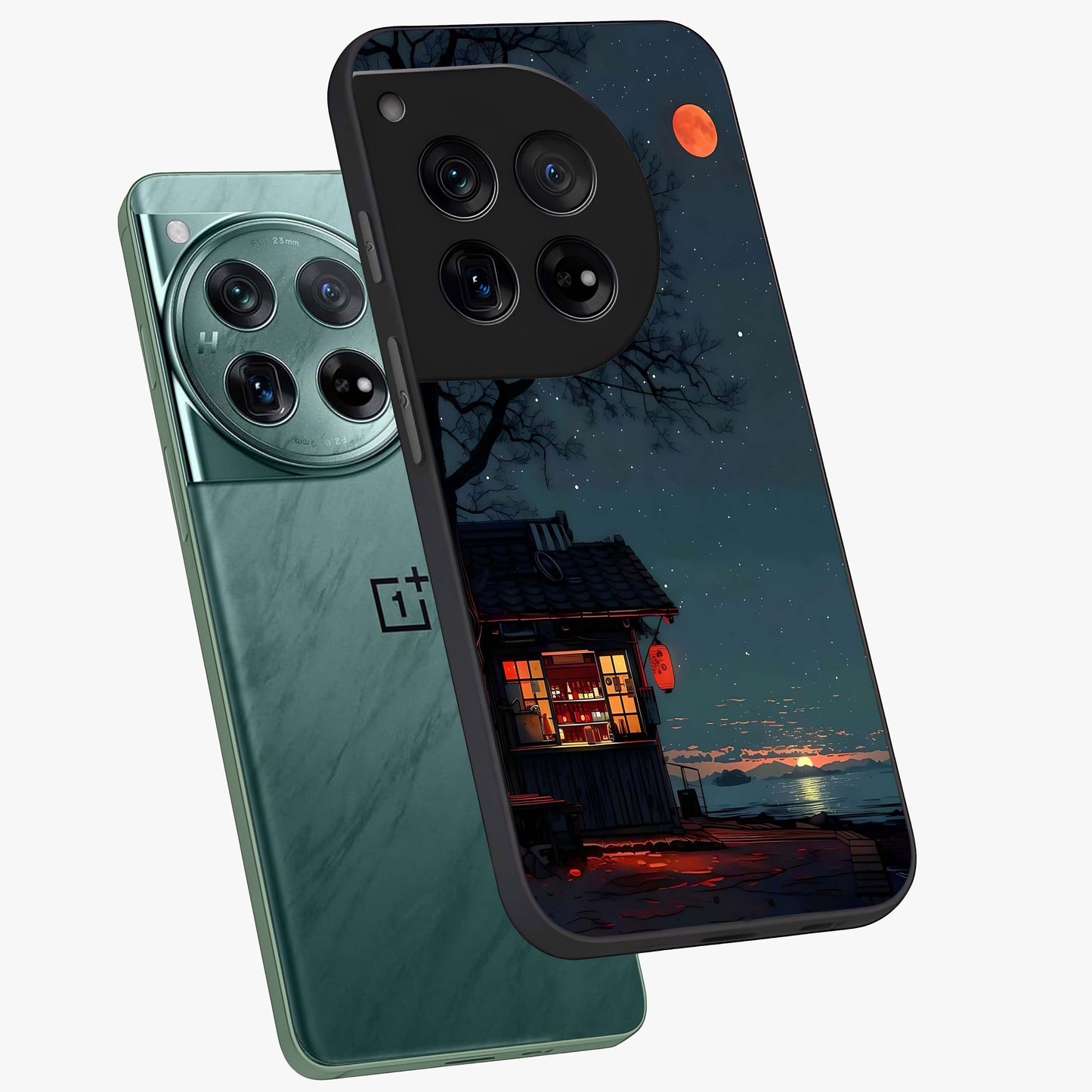 Midnight Lantern Glow Glass Case for 1+12 angled mockup showcasing glossy finish and warm luminous tones