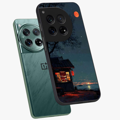 Midnight Lantern Glow Glass Case for 1+12 angled mockup showcasing glossy finish and warm luminous tones