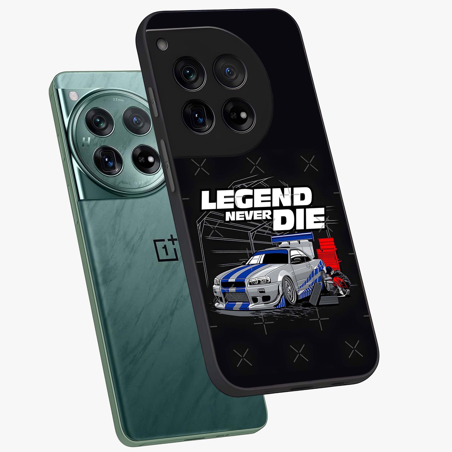 Midnight Racing Legacy Glass Case for 1+12 angled mockup showcasing glossy glass finish and dynamic motion detailing