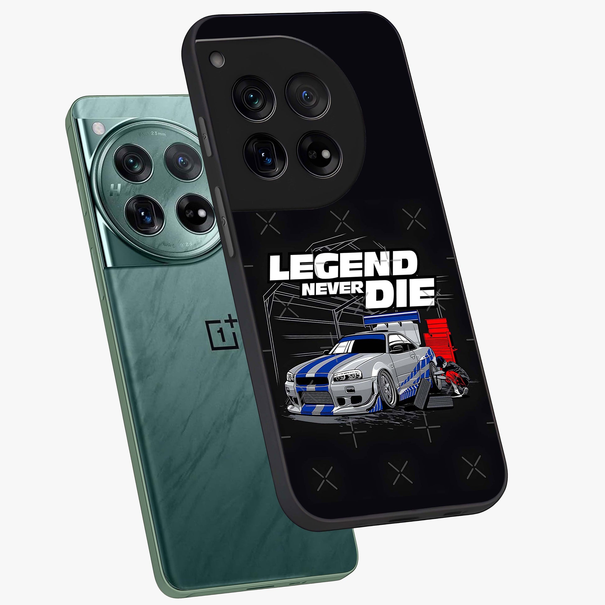 Midnight Racing Legacy Glass Case for 1+12 angled mockup showcasing glossy glass finish and dynamic motion detailing