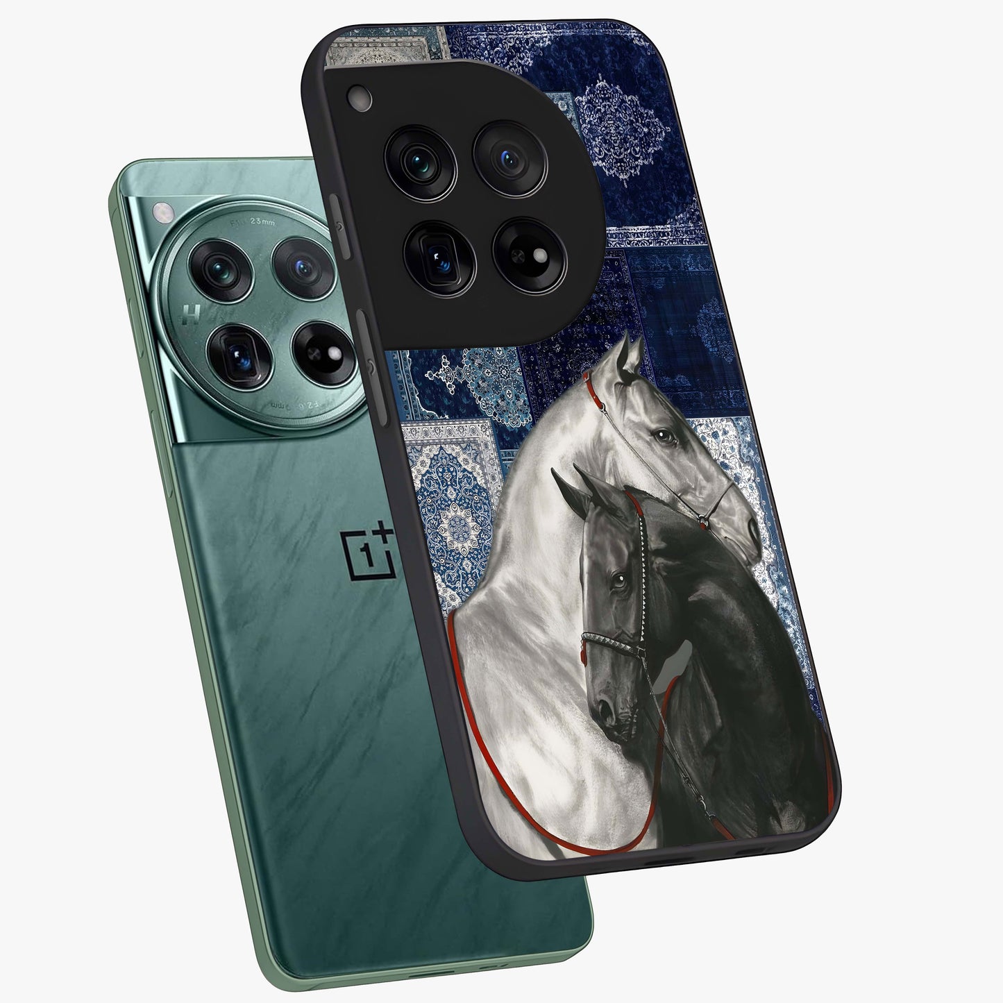 Midnight Stallion Blues Glass Case for 1+12 angled mockup showcasing glossy finish and dramatic equestrian detailing