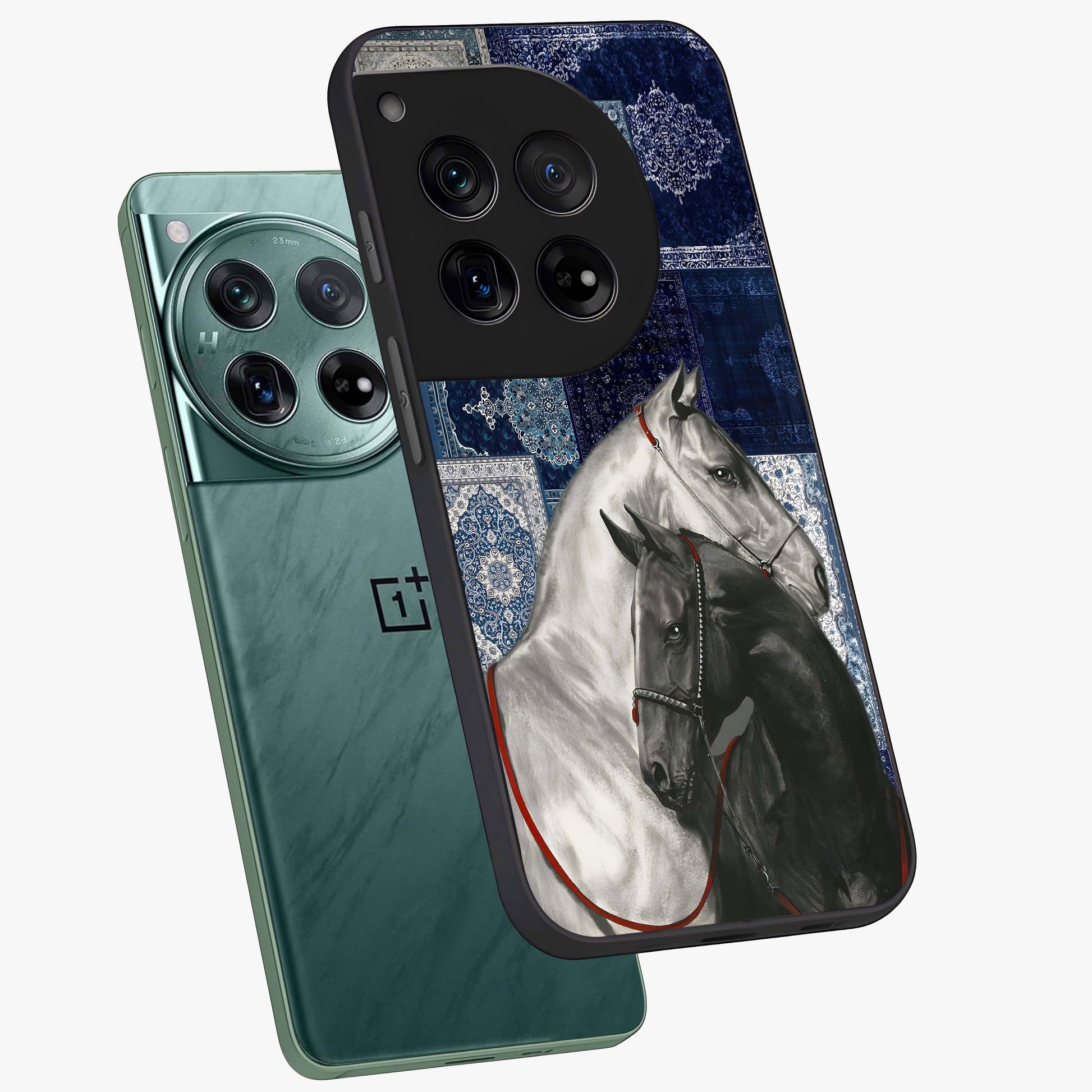 Midnight Stallion Blues Glass Case for 1+12 angled mockup showcasing glossy finish and dramatic equestrian detailing