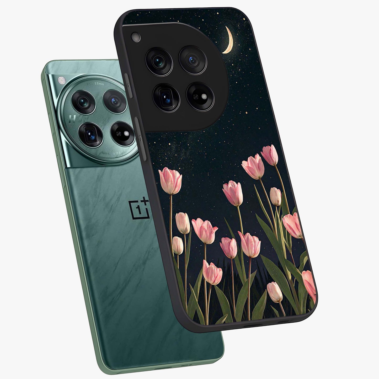 Midnight Tulip Whispers Vibe Glass Case for 1+12 angled mockup showcasing glossy finish and subtle bloom detailing