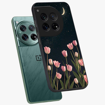 Midnight Tulip Whispers Vibe Glass Case for 1+12 angled mockup showcasing glossy finish and subtle bloom detailing