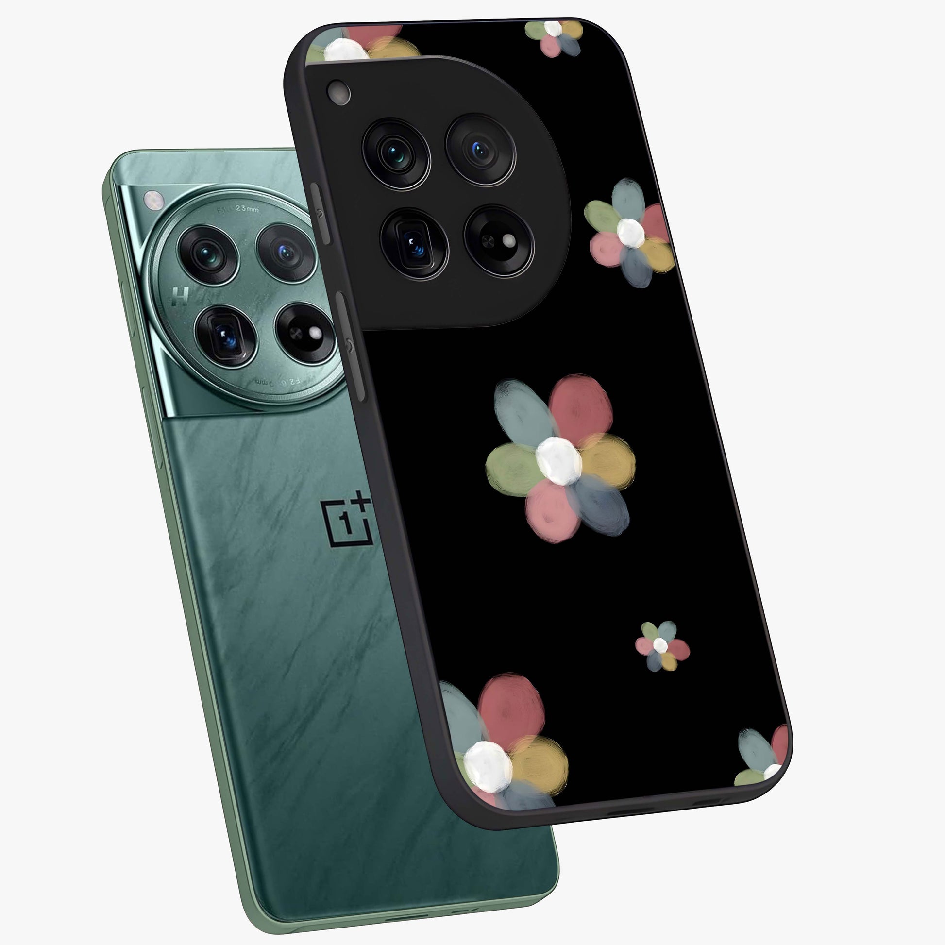 Minimal Floral Charm Glass Case for 1+12 angled mockup showcasing glossy finish and soft pastel tones