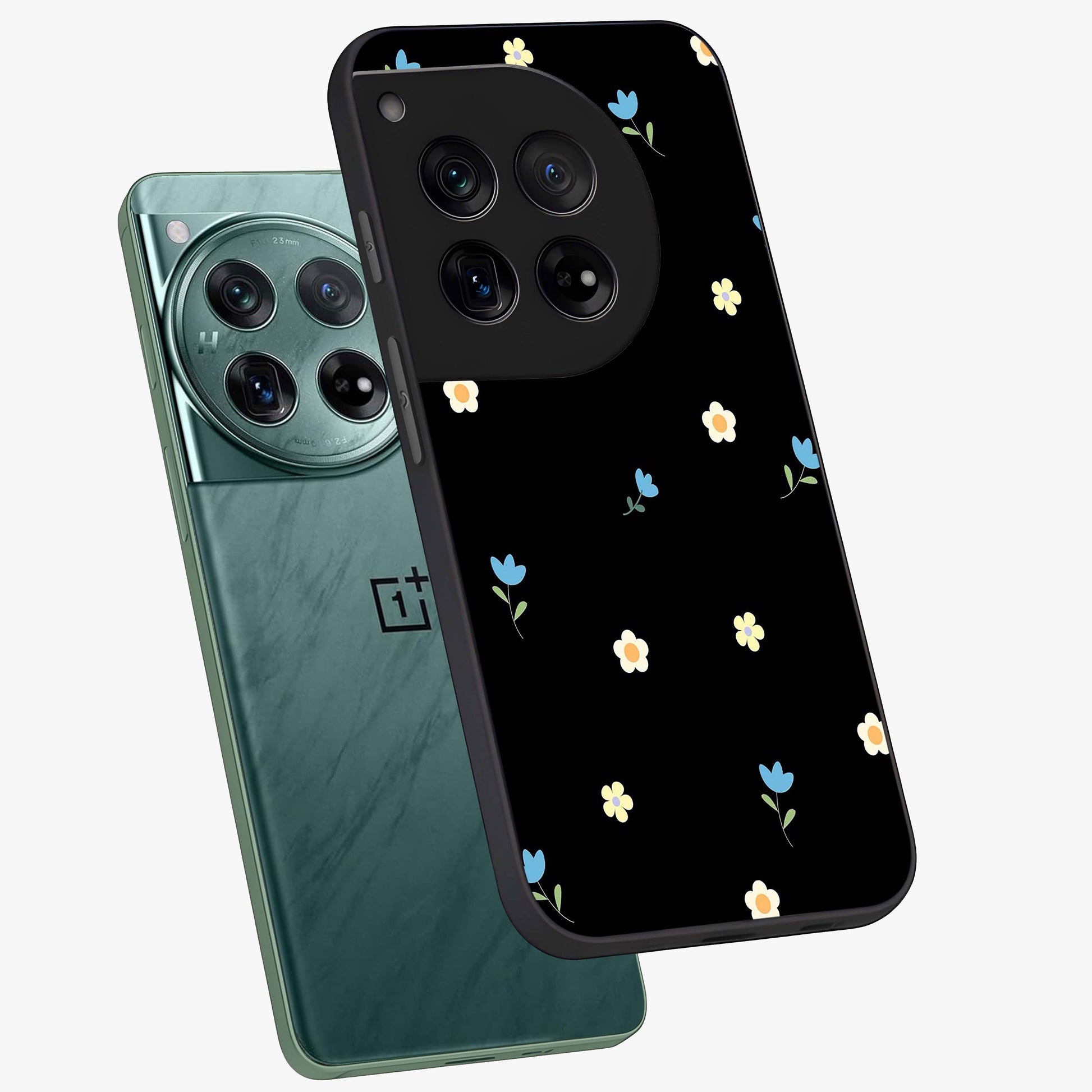 Minimalistic Blue With White Flower Pattern Glass Case for 1+12 angled mockup showcasing glossy finish and crisp clean detailing