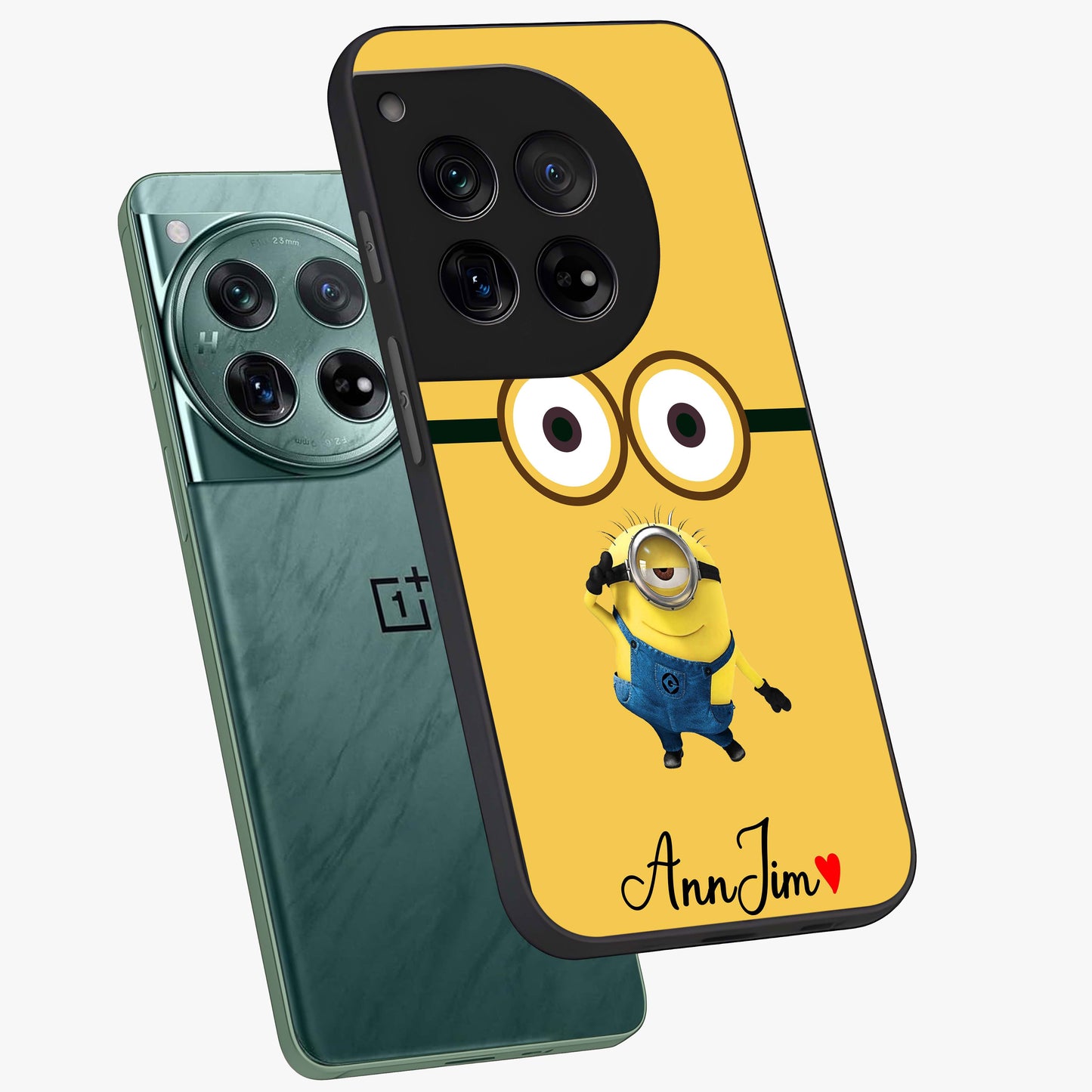 Minion Custom Name Glass Case for 1+12 angled mockup showcasing glossy finish and vibrant character detailing