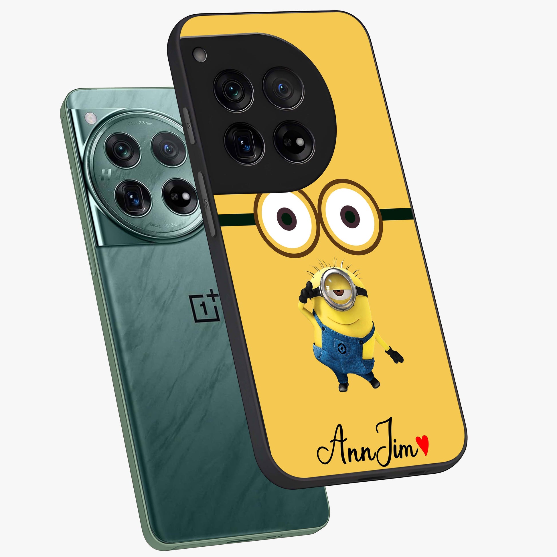 Minion Custom Name Glass Case for 1+12 angled mockup showcasing glossy finish and vibrant character detailing