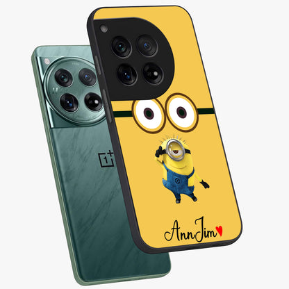 Minion Custom Name Glass Case for 1+12 angled mockup showcasing glossy finish and vibrant character detailing