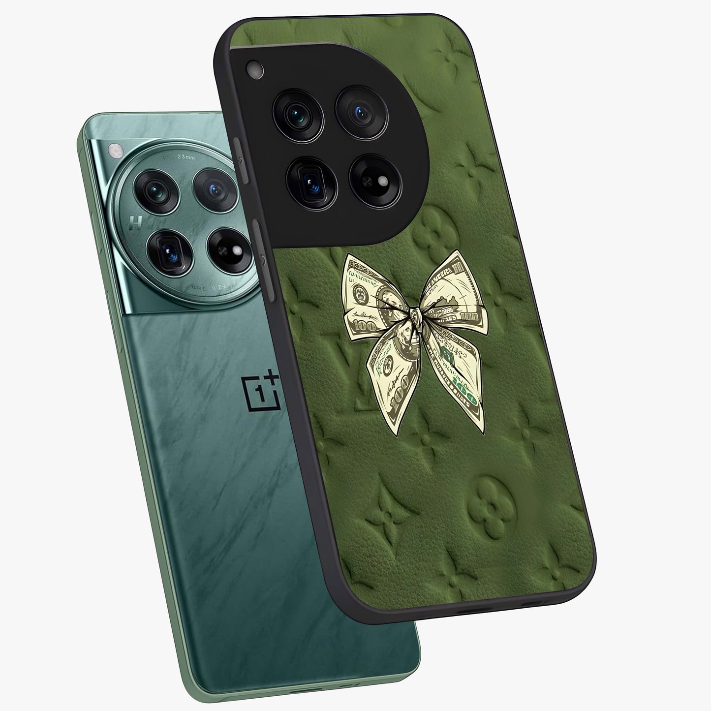 Money Bow Lv Glass Case for 1+12 angled mockup showcasing glossy finish and premium aesthetic detailing