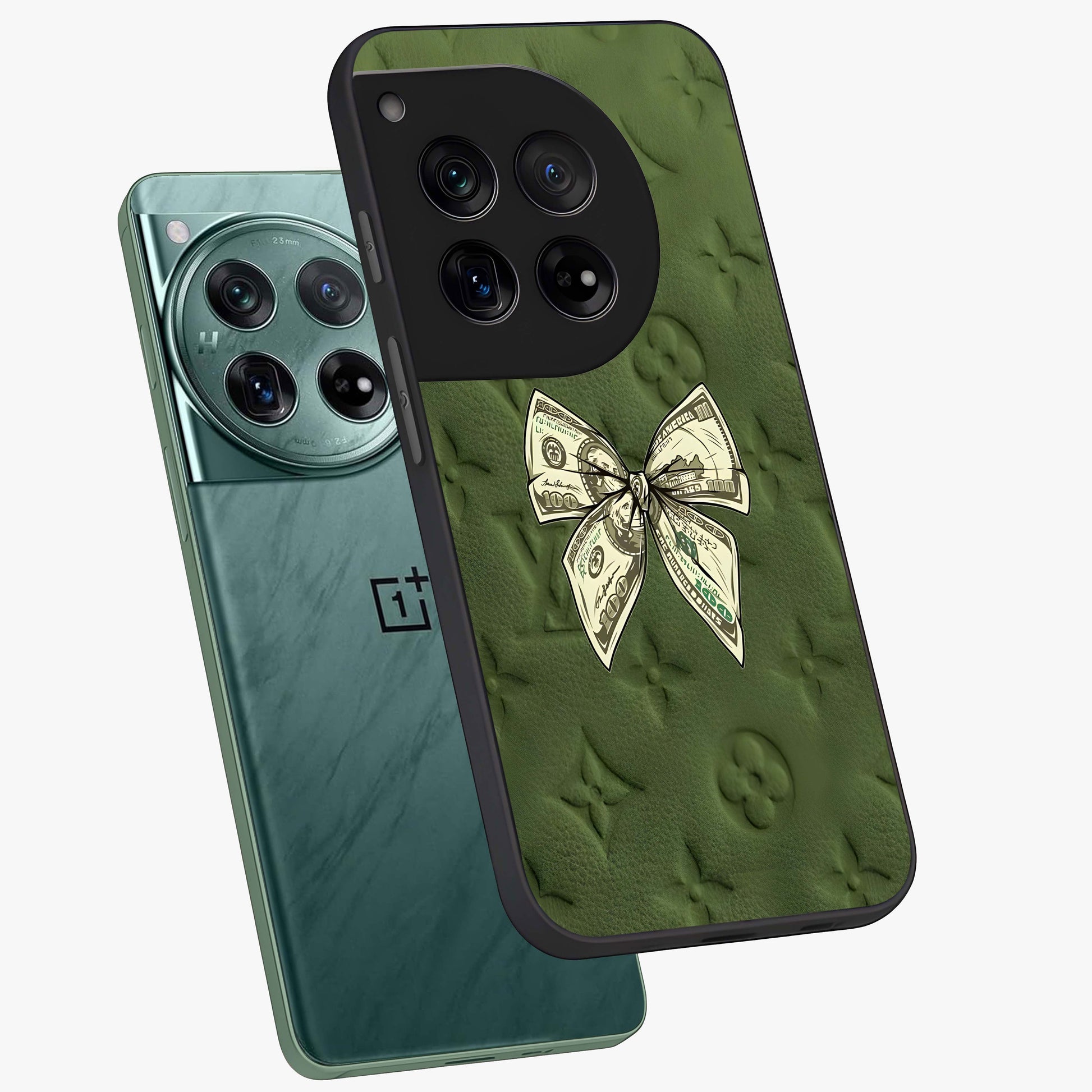 Money Bow Lv Glass Case for 1+12 angled mockup showcasing glossy finish and premium aesthetic detailing