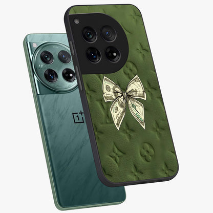 Money Bow Lv Glass Case for 1+12 angled mockup showcasing glossy finish and premium aesthetic detailing