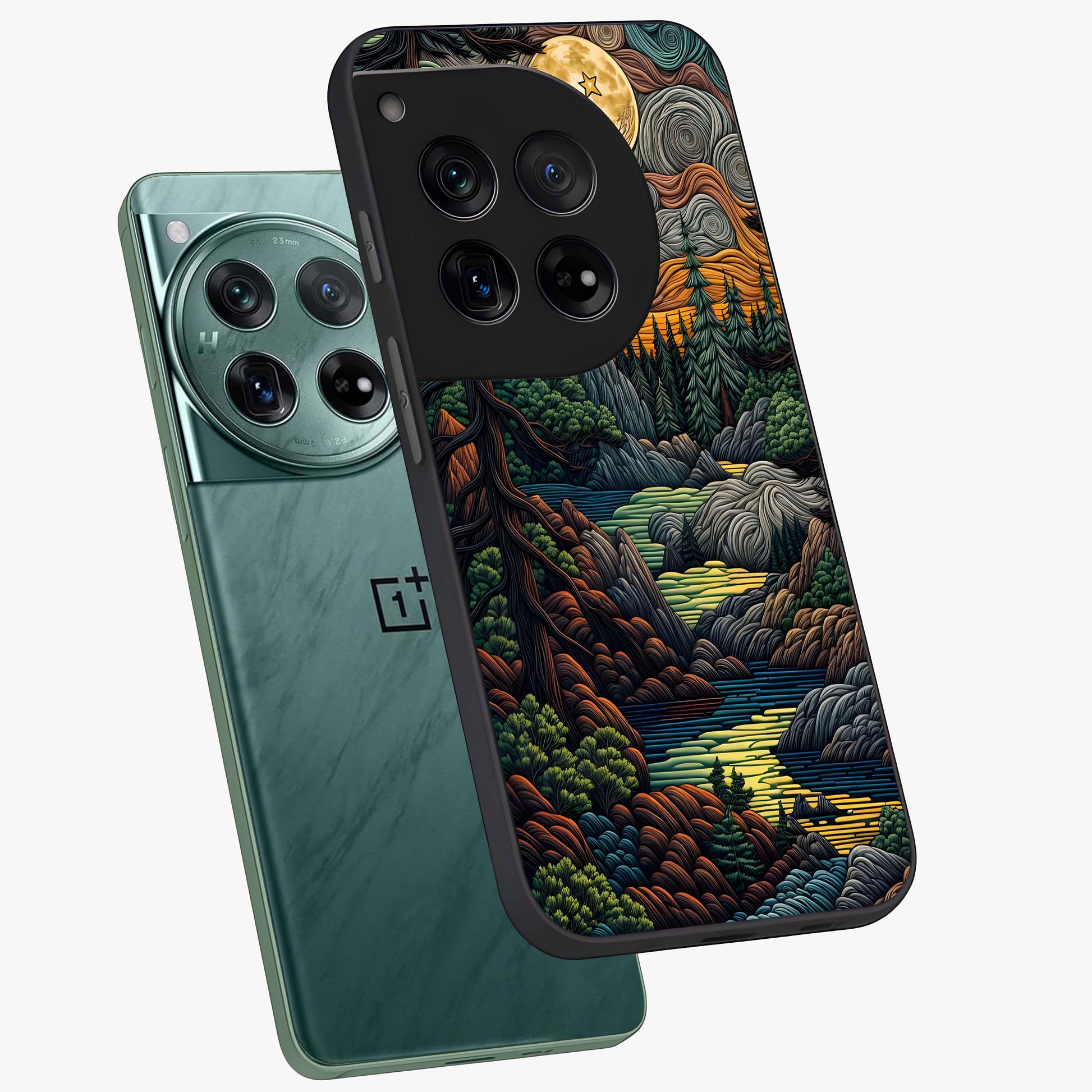 Moonlight Forest Dream Glass Case for 1+12 angled mockup showcasing glossy finish and deep night gradients