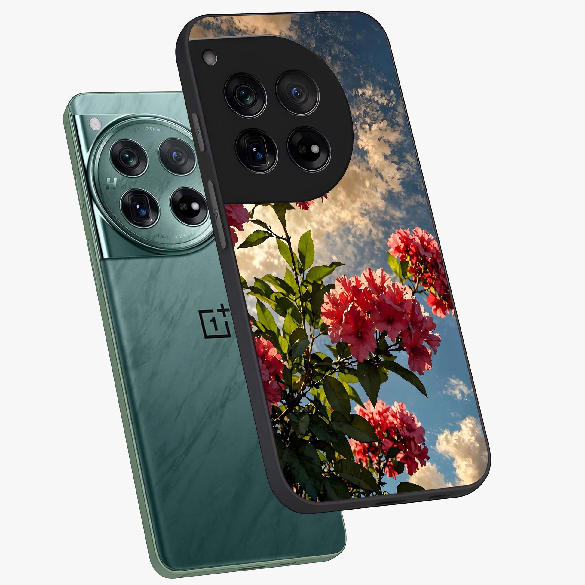 Moonlit Blossom Charm Glass Case for 1+12 angled mockup showcasing glossy glass finish and delicate bloom detailing