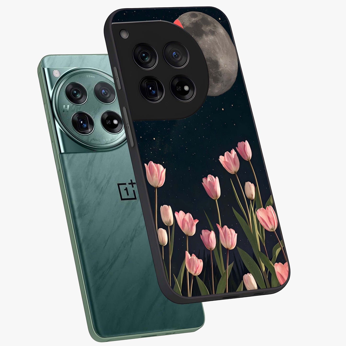 Moonlit Night Tulip Glass Case for 1+12 angled mockup showcasing glossy finish and soft luminous accents
