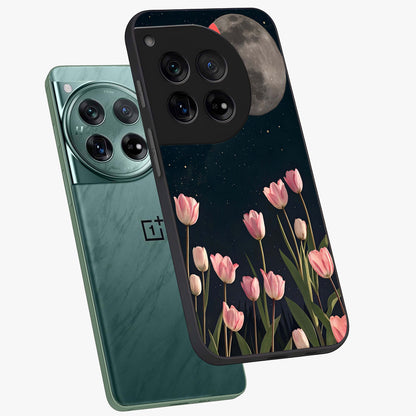 Moonlit Night Tulip Glass Case for 1+12 angled mockup showcasing glossy finish and soft luminous accents