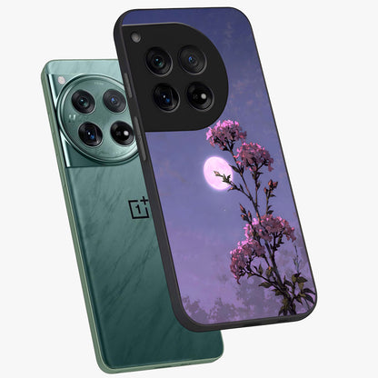 Moonlit Petal Night Glass Case for 1+12 angled mockup showcasing glossy finish and subtle moonlight detailing