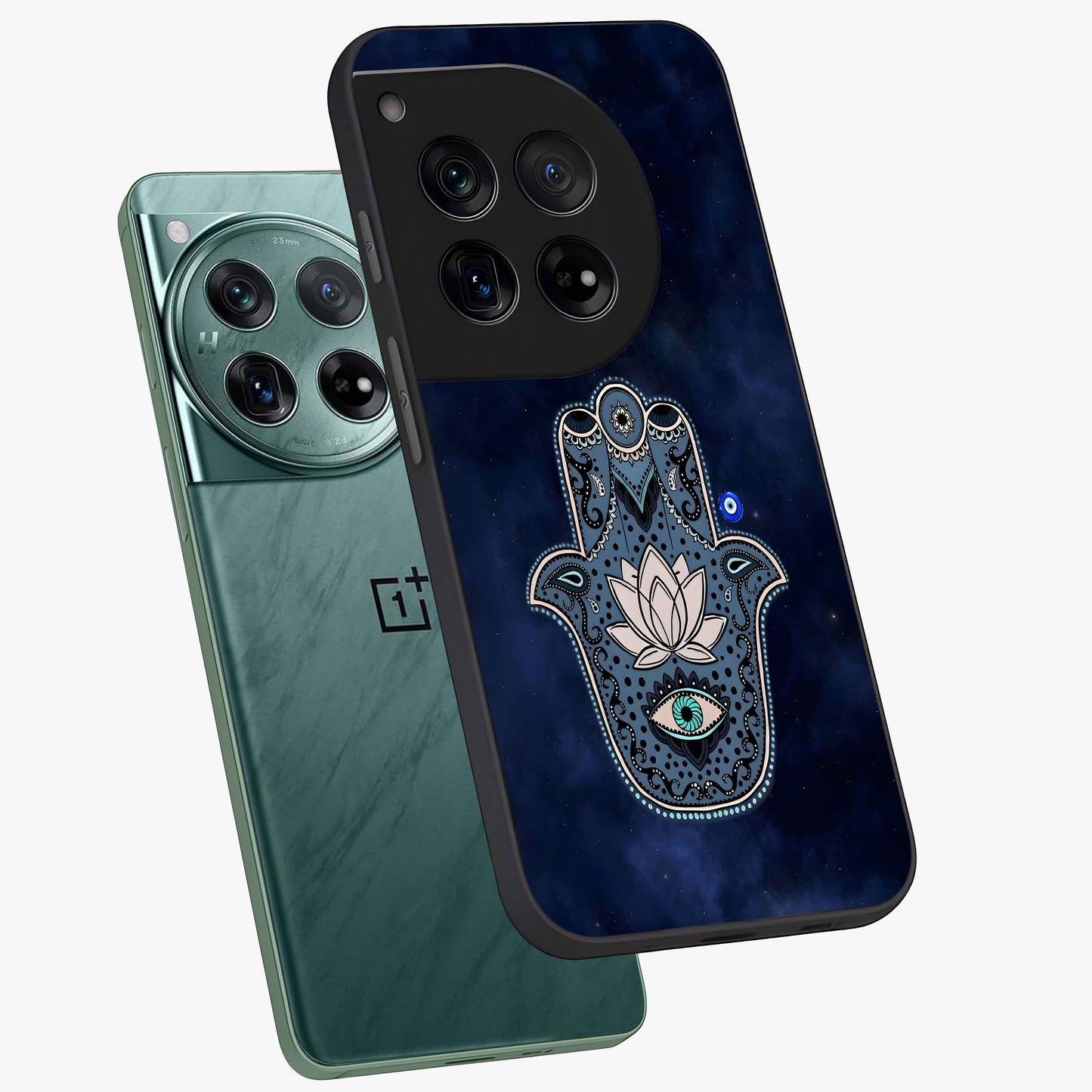 Mystic Calm Shield Glass Case for 1+12 angled mockup showcasing glossy finish and subtle mystical detailing