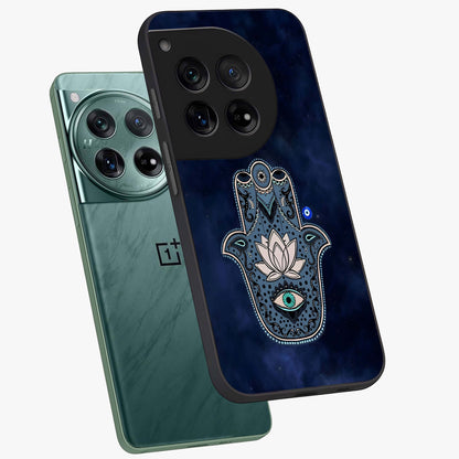 Mystic Calm Shield Glass Case for 1+12 angled mockup showcasing glossy finish and subtle mystical detailing