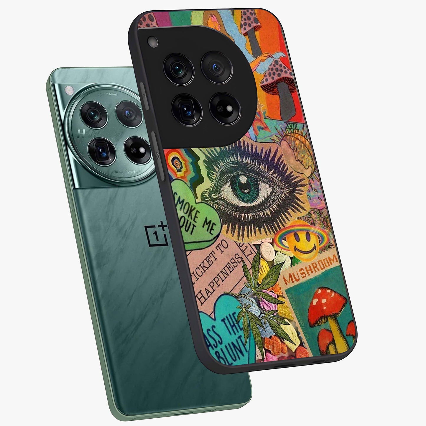 Mystic Eye Wonderland Glass Case for 1+12 angled mockup showcasing glossy finish and vibrant cosmic tones