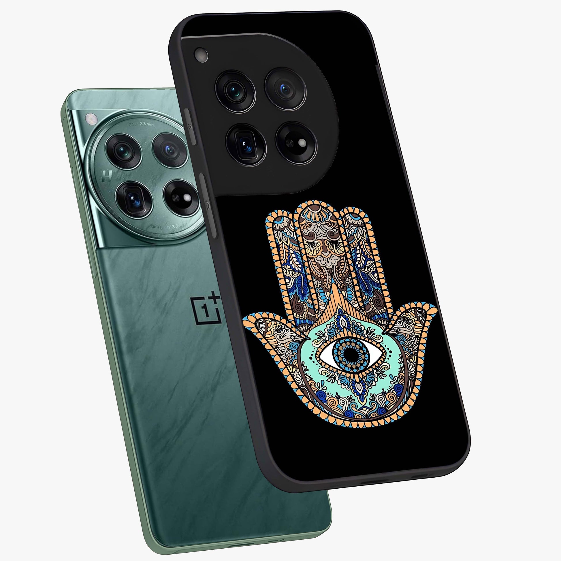 Mystic Hamsa Eye Glass Case for 1+12 angled mockup showcasing glossy finish and protective design elements
