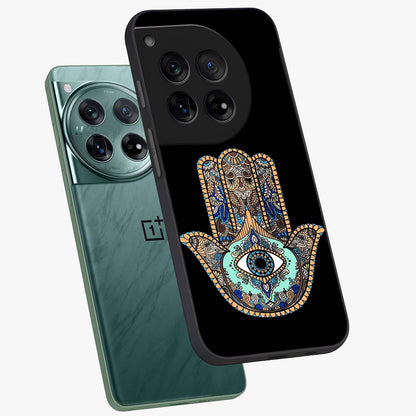 Mystic Hamsa Eye Glass Case for 1+12 angled mockup showcasing glossy finish and protective design elements